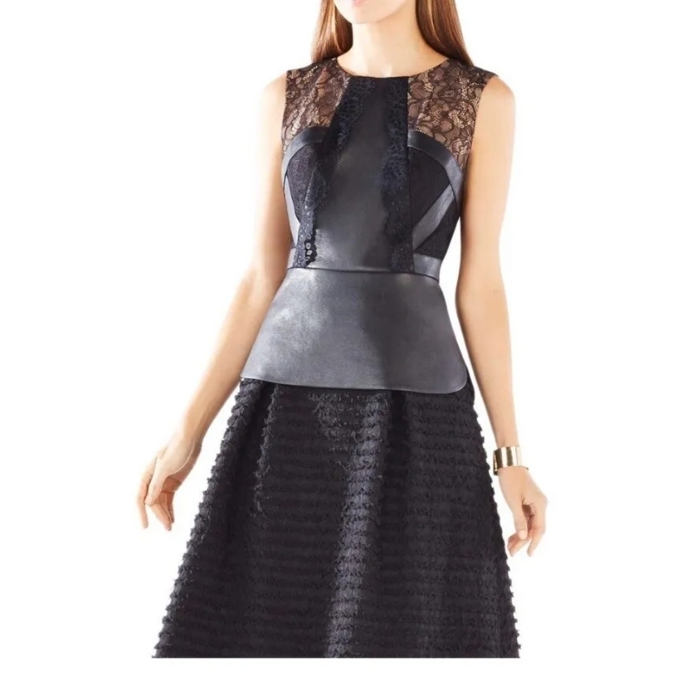 BCBGMAXAZARIA Laine Faux-Leather Lace Peplum Top Black NWT L